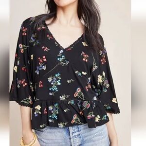Anthropologie Parvati Embroidered Floral Blouse Size large Jersey